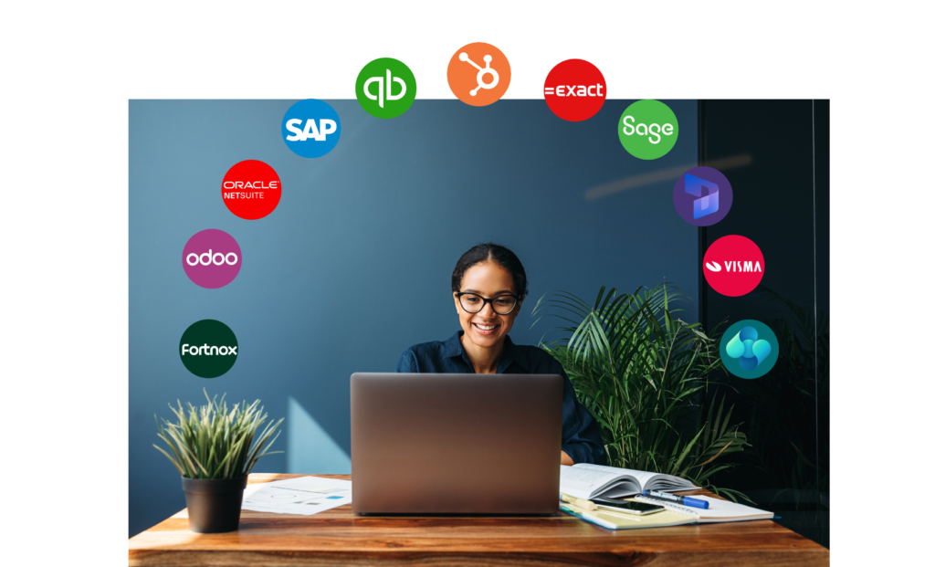 Image of a woman with ERP, RM and other accounting systems connectors around her head
