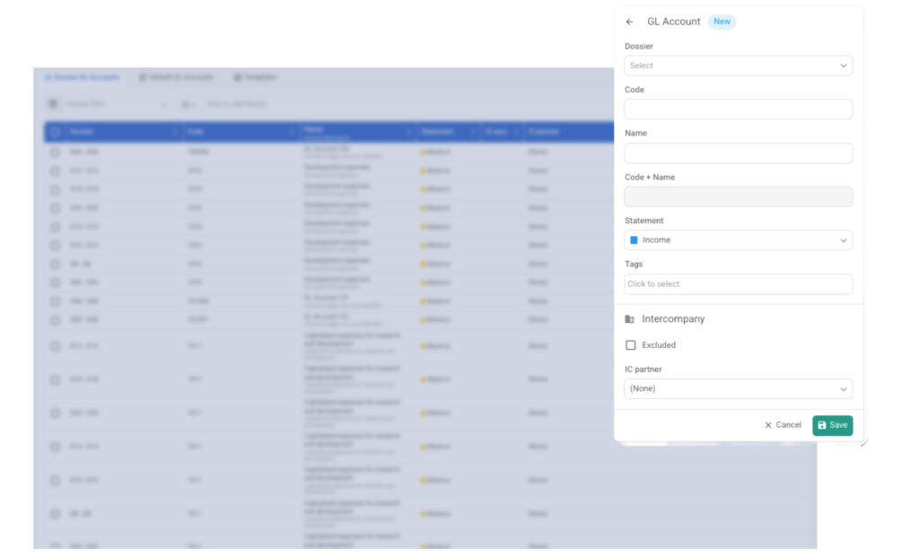 Image of adding a new GL account to BrightAnalytics