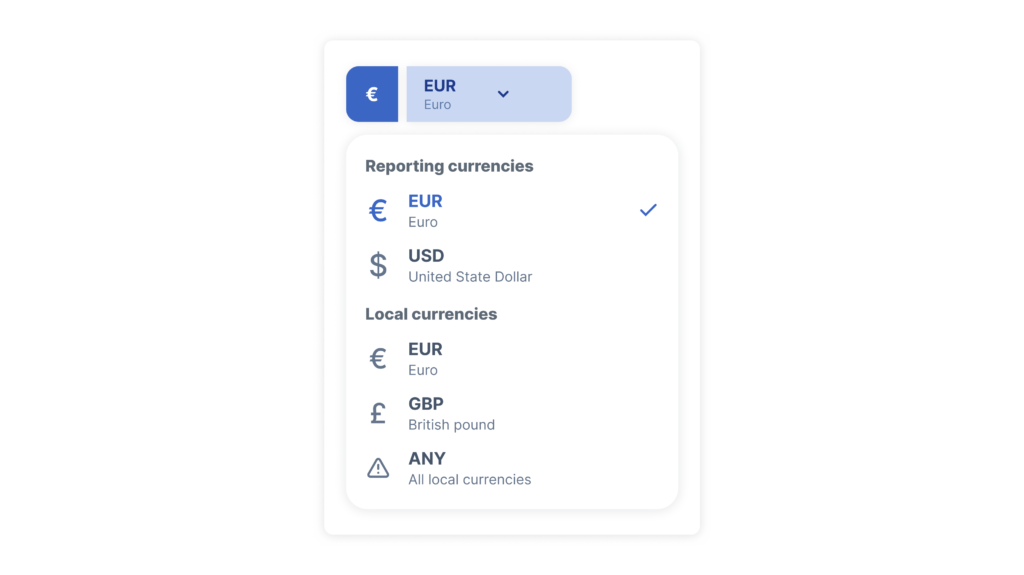 Image of the multi-currency options within BrightAnalytics