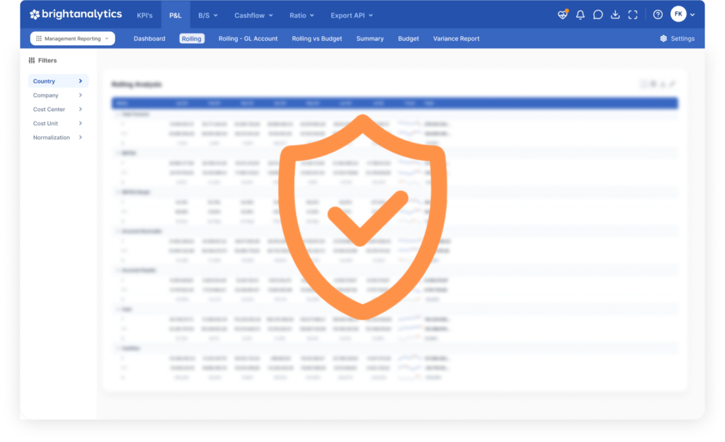 Image of a blurred BrightAnalytics dashboard with a orange shield for the operation page