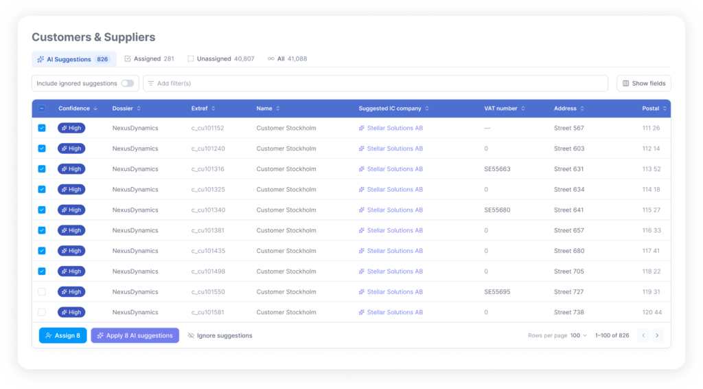 A screenshot from the AI intercompany matching in the BrightAnalytics platform