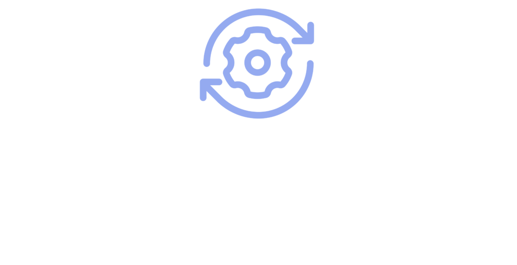 Icon of a mechanical cog with two arrows circling in blue
